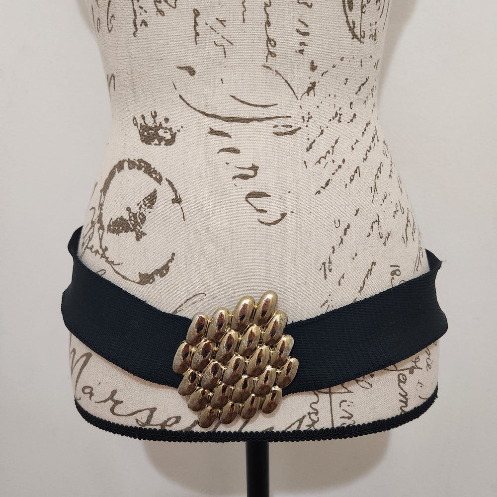 Vintage Day Lor Gold Buckle, Black Stretch Belt. Bold. Western. Country Glam.